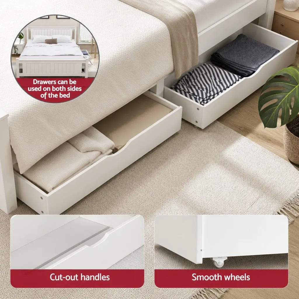 Queen Size Wooden Bed Frame with Storage Drawers in White