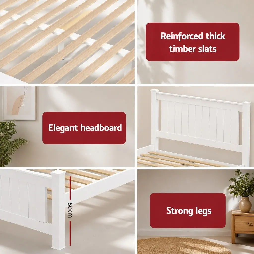 Queen Size Wooden Bed Frame with Storage Drawers in White