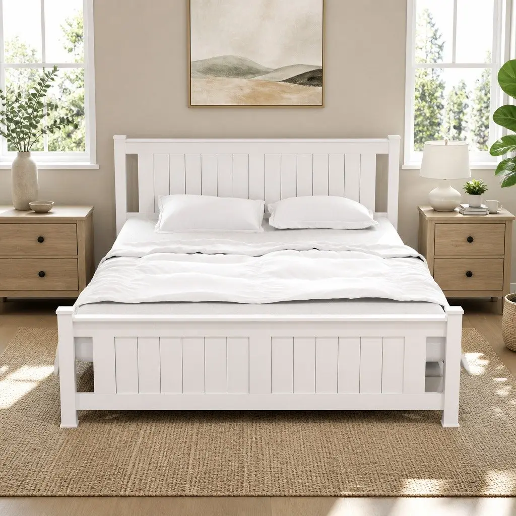 Queen Size Wooden Bed Frame with Storage Drawers in White