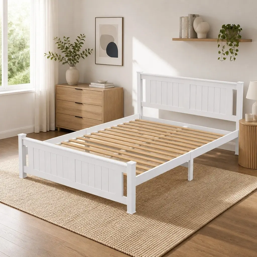 Queen Size Wooden Bed Frame with Storage Drawers in White