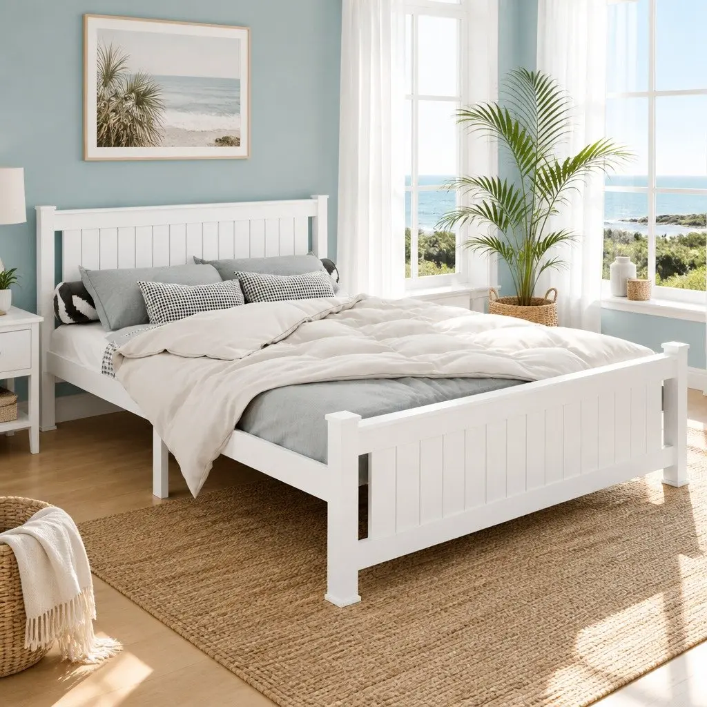 Queen Size White Wooden Bed Frame with Headboard