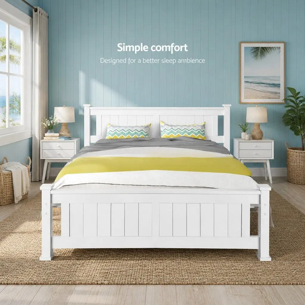 Queen Size White Wooden Bed Frame with Headboard