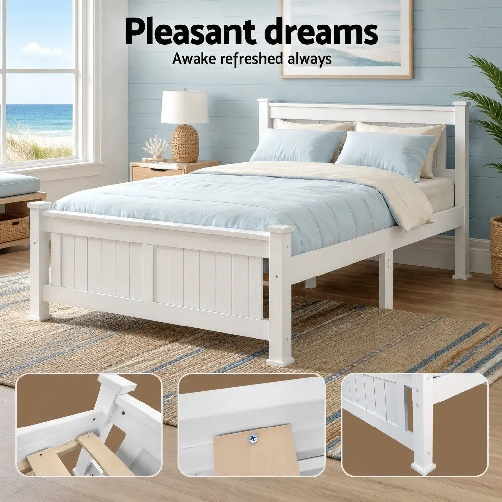 Queen Size White Wooden Bed Frame with Headboard
