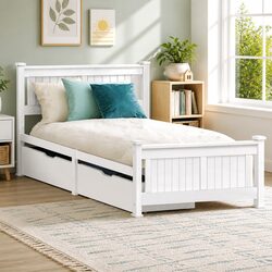 White Wooden Single Bed Frame with Storage Drawers