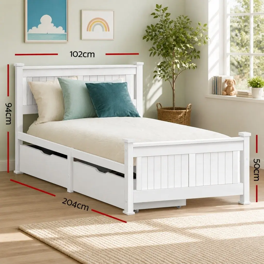 White Wooden Single Bed Frame with Storage Drawers