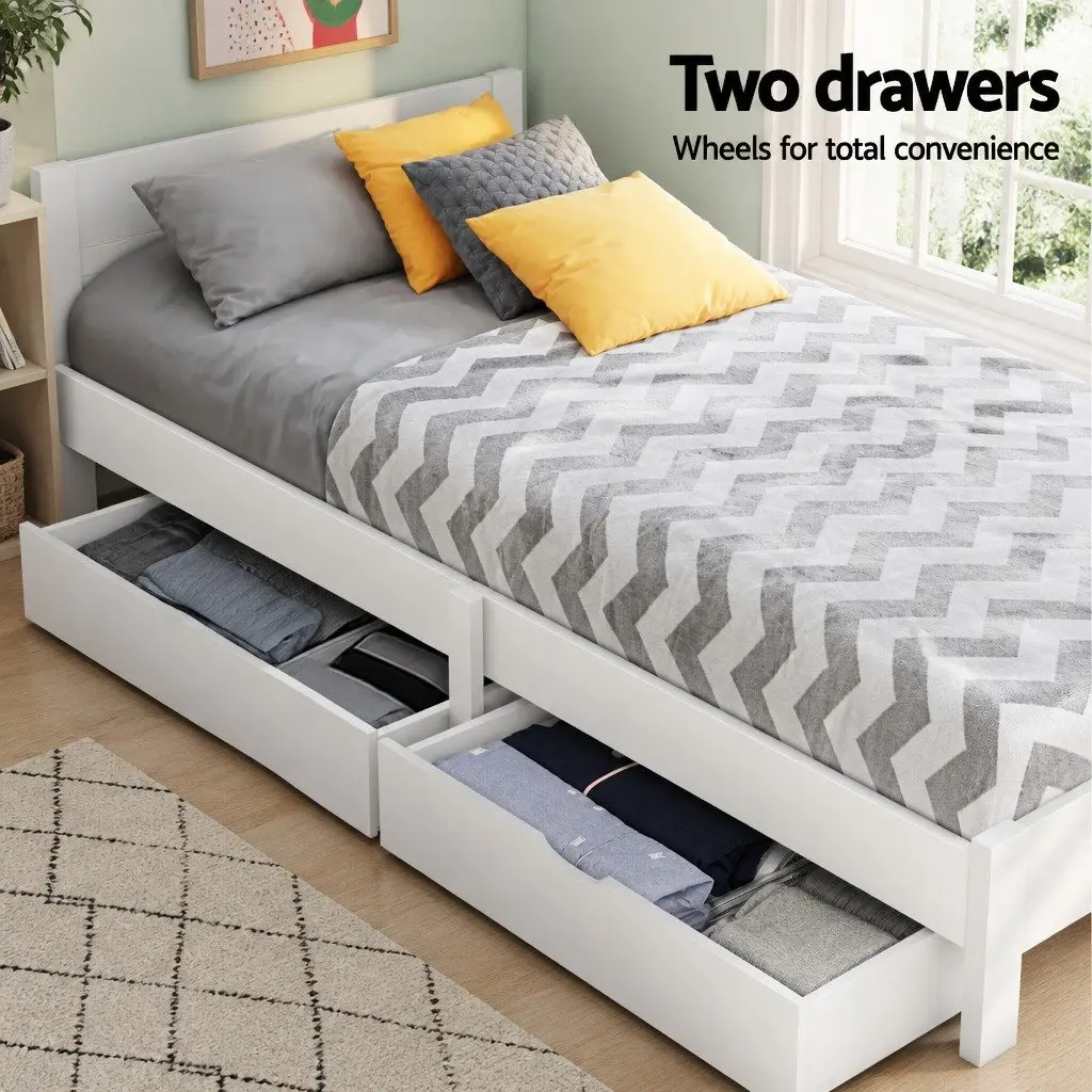 White Wooden Single Bed Frame with Storage Drawers