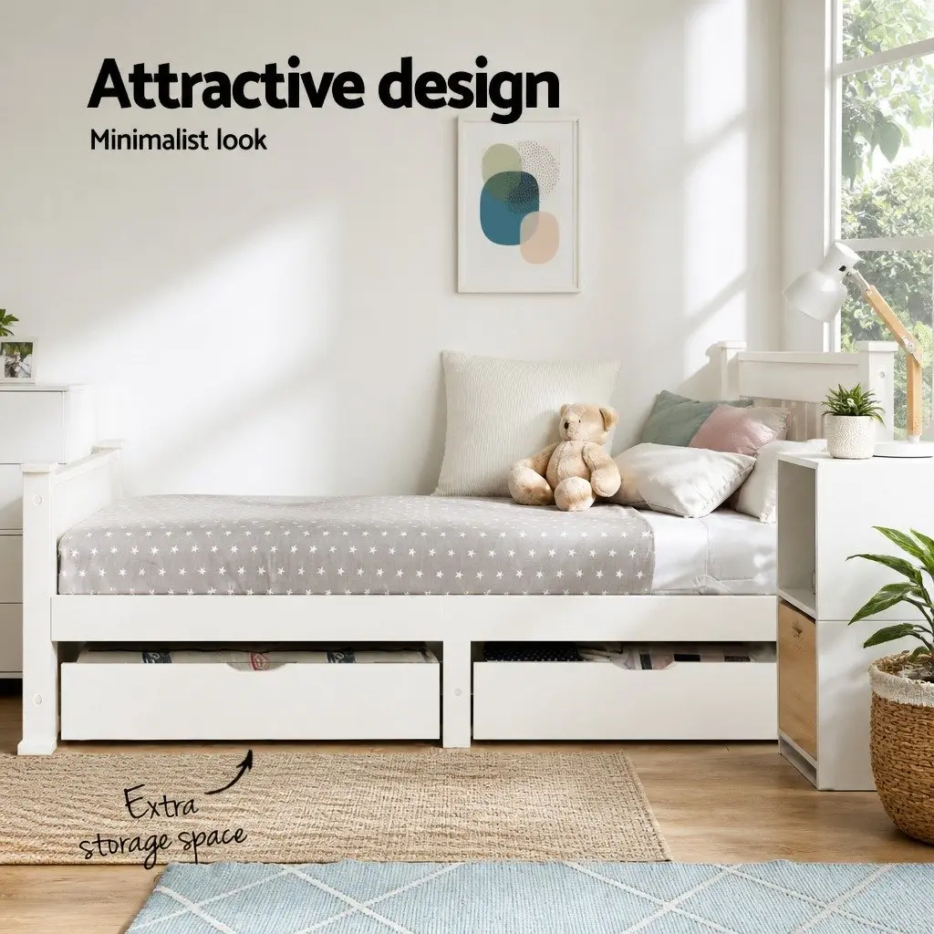 White Wooden Single Bed Frame with Storage Drawers