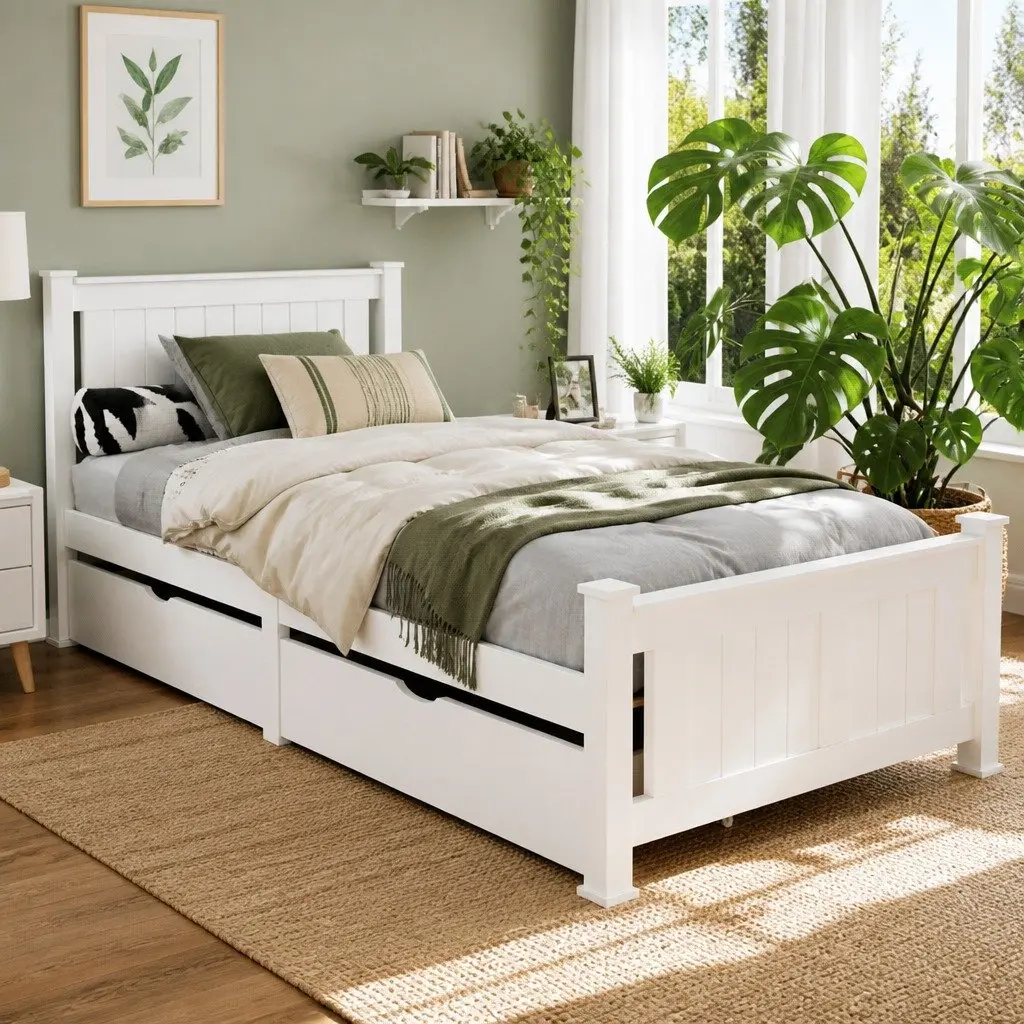 White Wooden Single Bed Frame with Storage Drawers