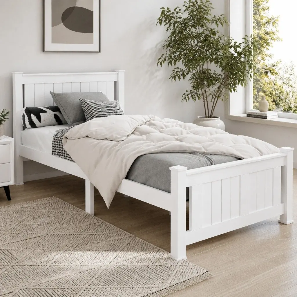 White Wooden Single Bed Frame with Slat Base