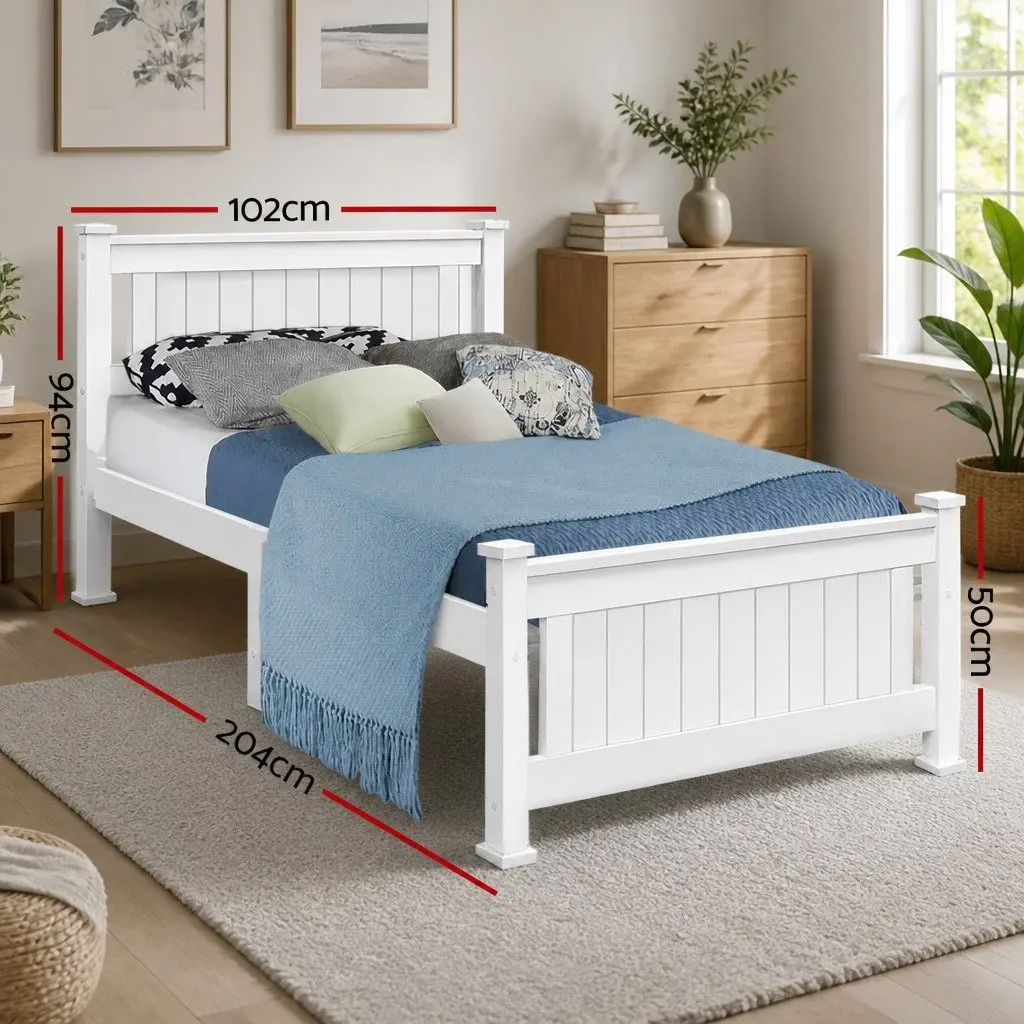 White Wooden Single Bed Frame with Slat Base