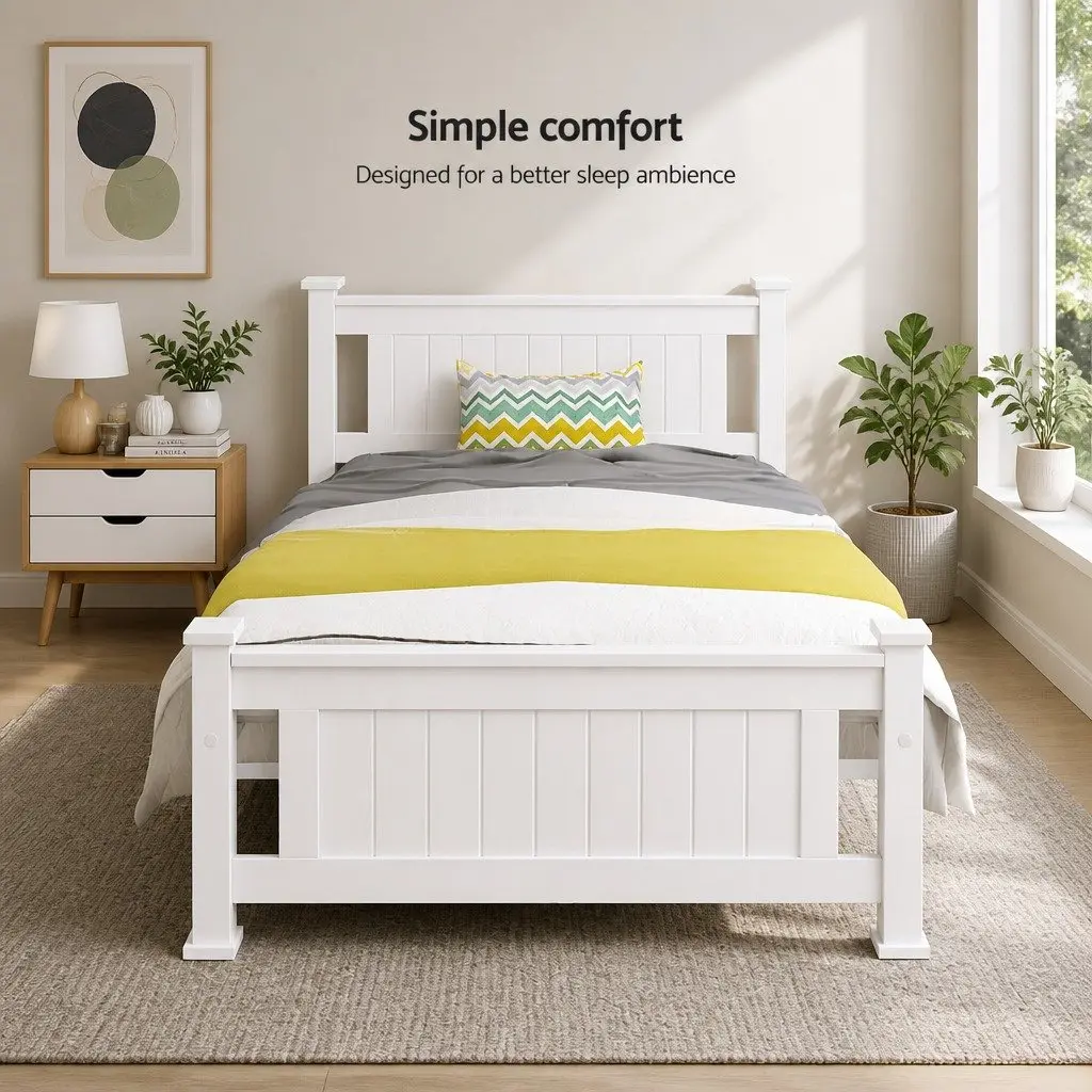 White Wooden Single Bed Frame with Slat Base