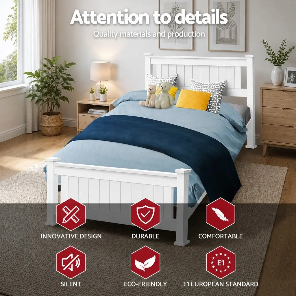 White Wooden Single Bed Frame with Slat Base