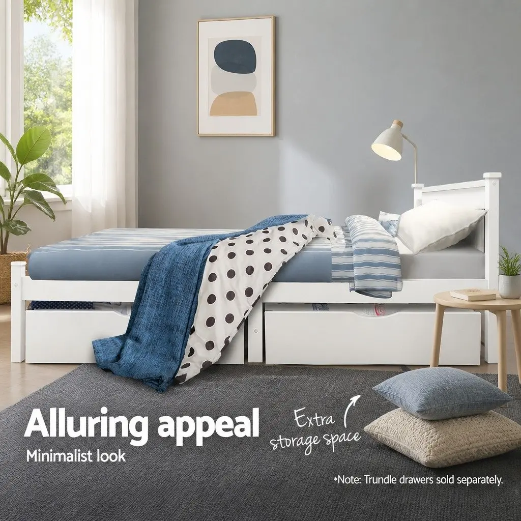 White Wooden Single Bed Frame with Slat Base