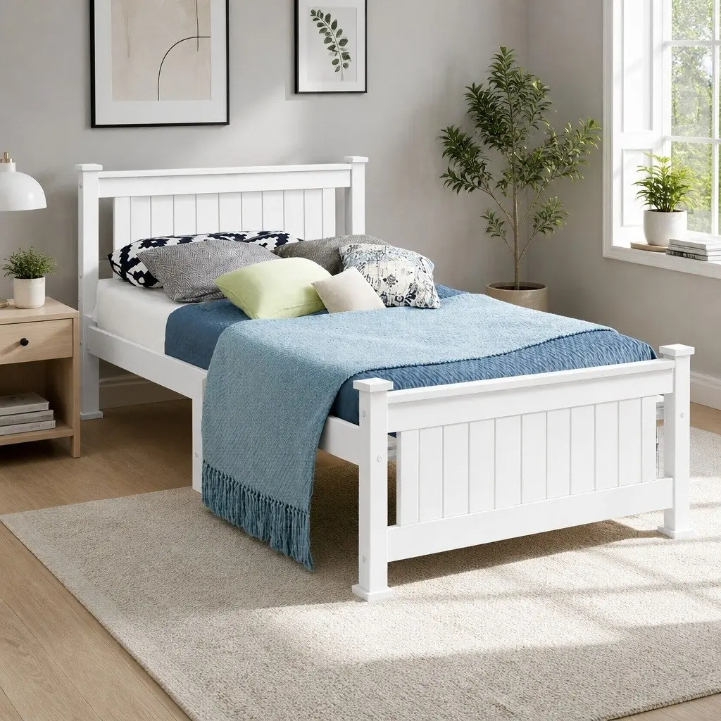 White Wooden Single Bed Frame with Slat Base