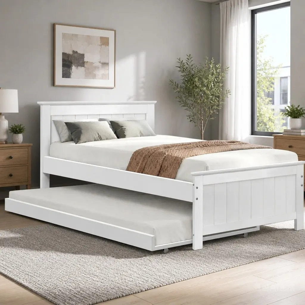 King Single Wooden Trundle Daybed White