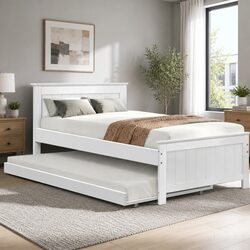 Elegant King Single Wooden Trundle Daybed White