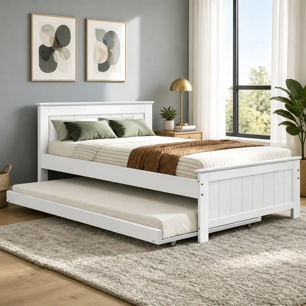 King Single Wooden Trundle Daybed White