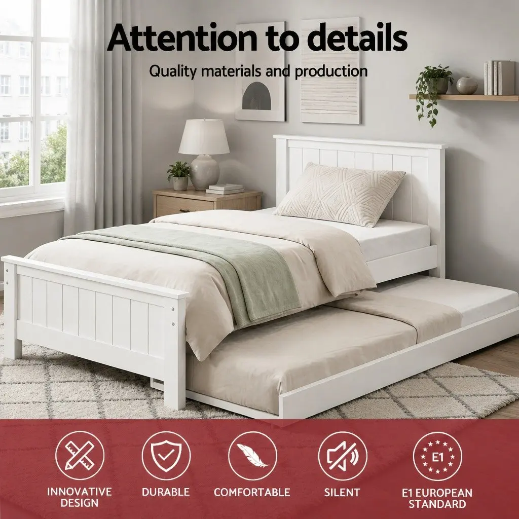 King Single Wooden Trundle Daybed White