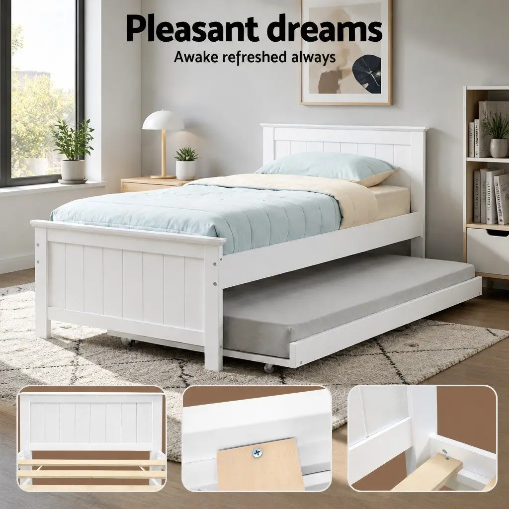 King Single Wooden Trundle Daybed White