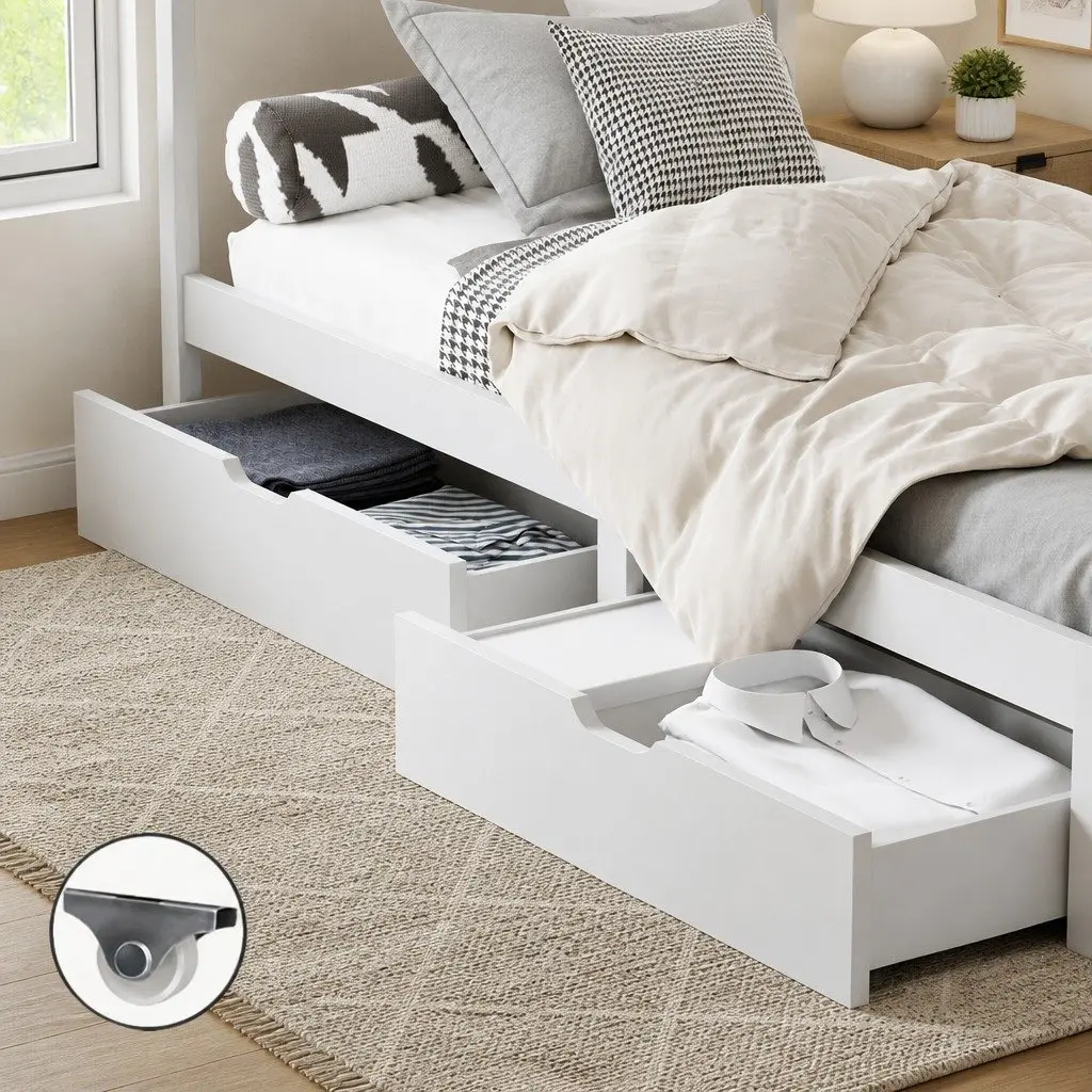 White Wooden Bed Frame Storage Drawers with Trundle
