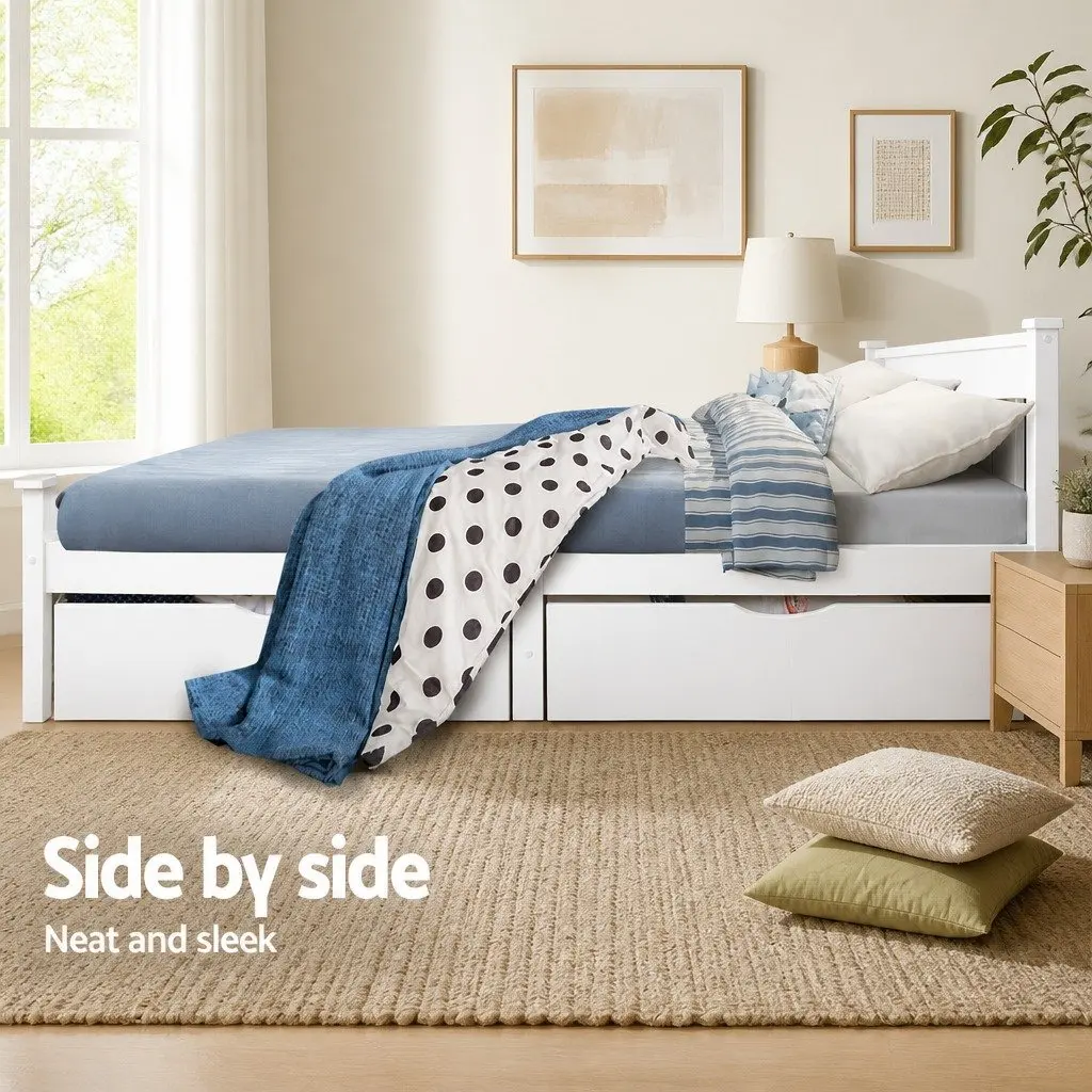 White Wooden Bed Frame Storage Drawers with Trundle