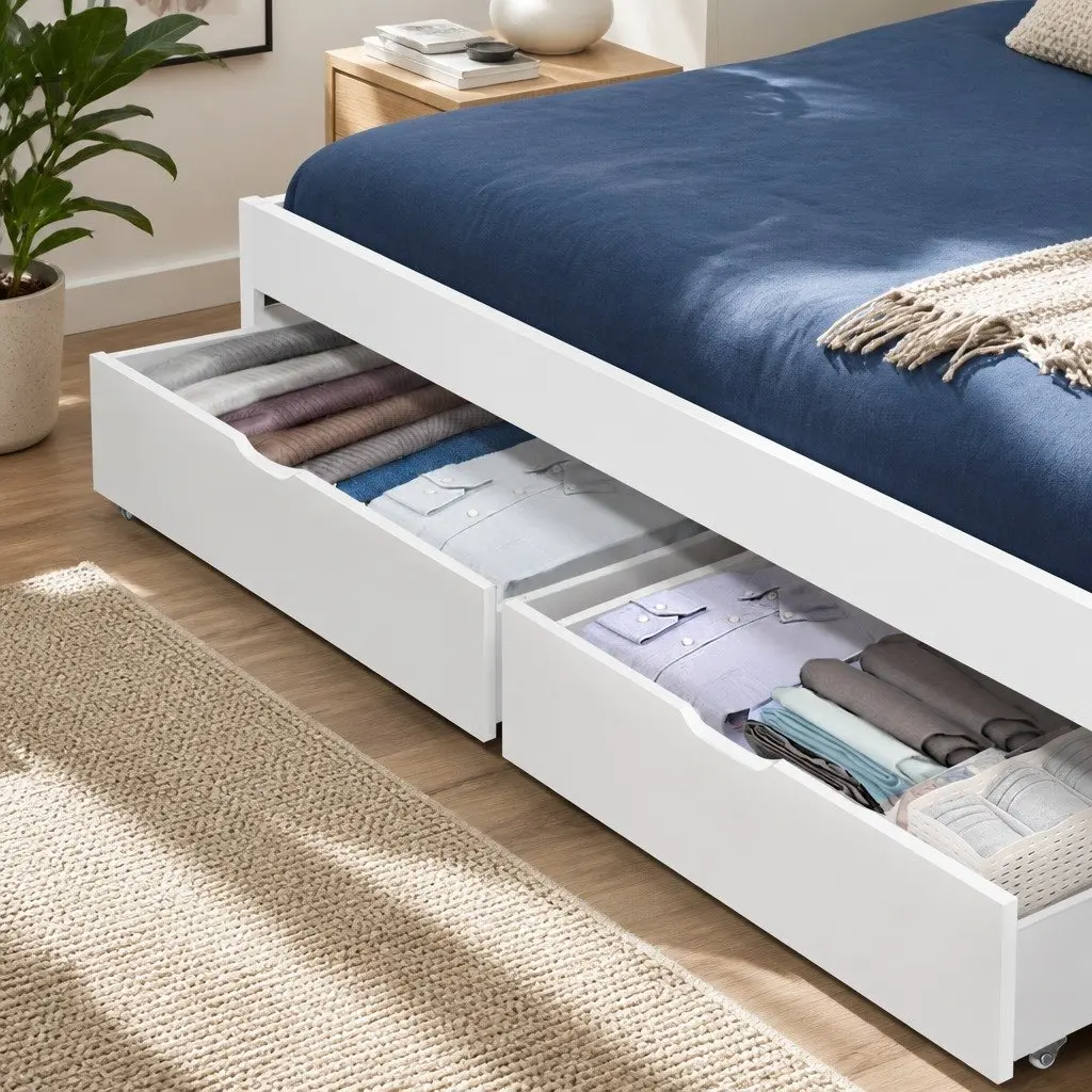 White Wooden Bed Frame Storage Drawers with Trundle