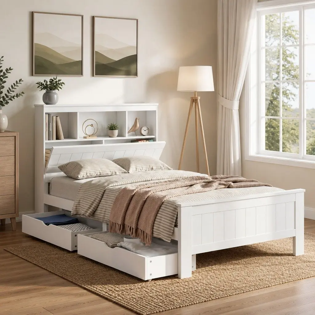 Wooden King Single Bed Frame with Storage and White Headboard