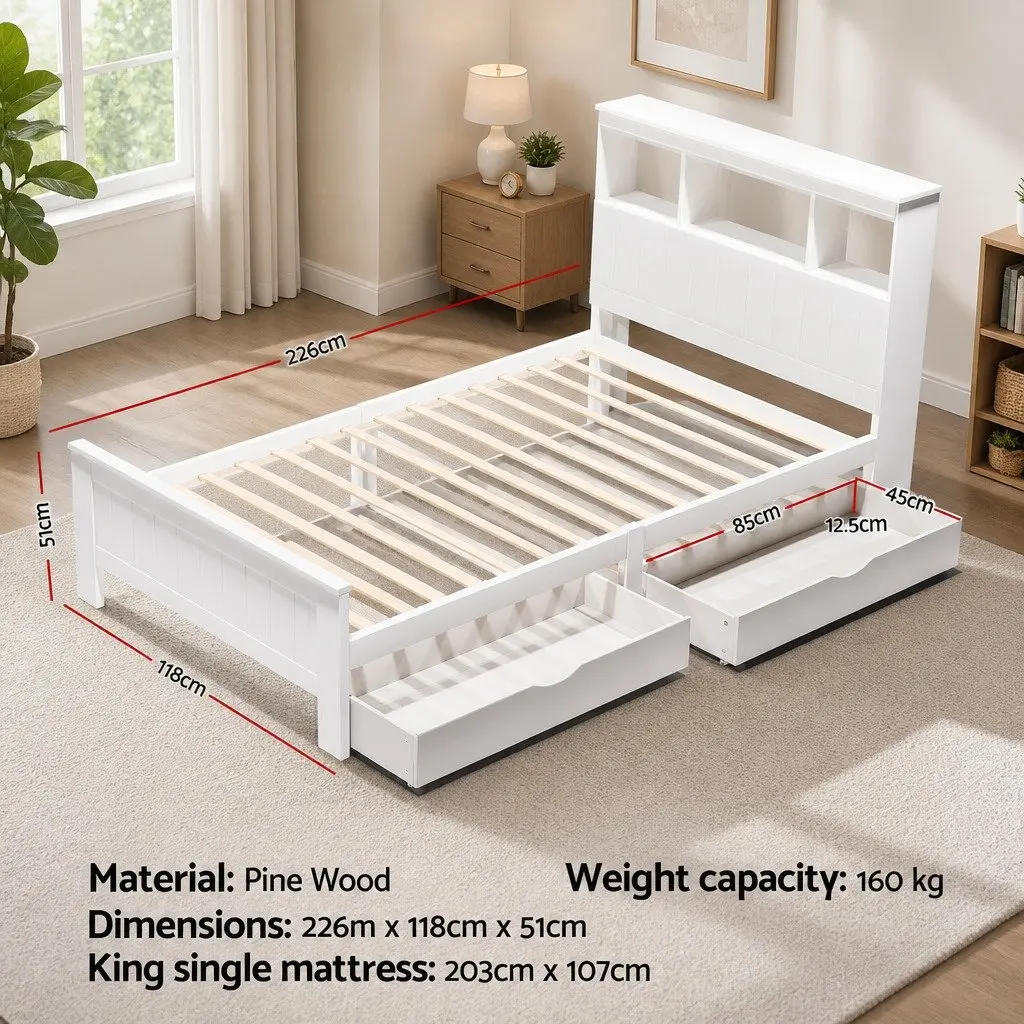 Wooden King Single Bed Frame with Storage and White Headboard