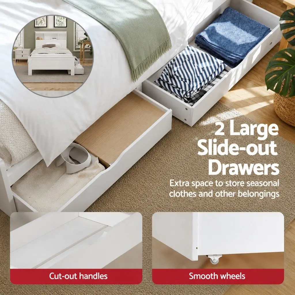 Wooden King Single Bed Frame with Storage and White Headboard