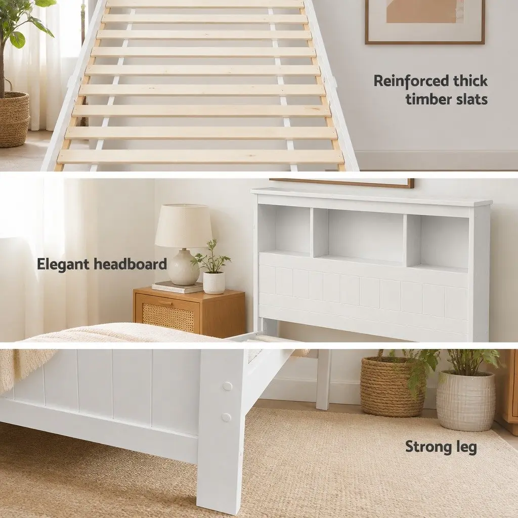 Wooden King Single Bed Frame with Storage and White Headboard