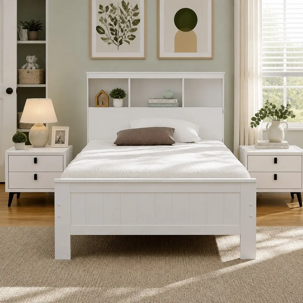 Wooden King Single Bed Frame with Storage and White Headboard