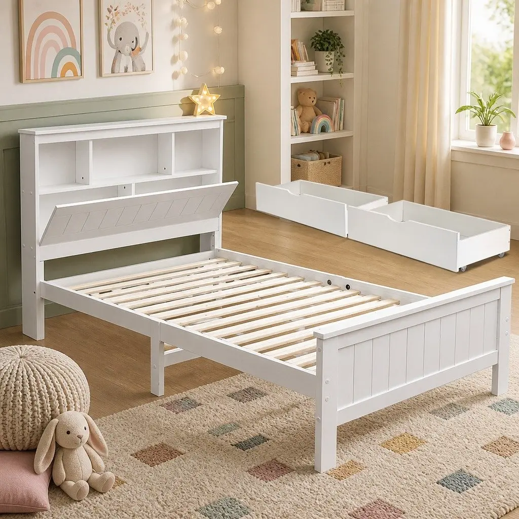 Wooden King Single Bed Frame with Storage and White Headboard