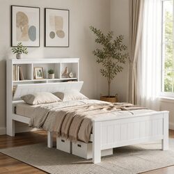 White Wooden King Single Bed Frame with Storage Headboard