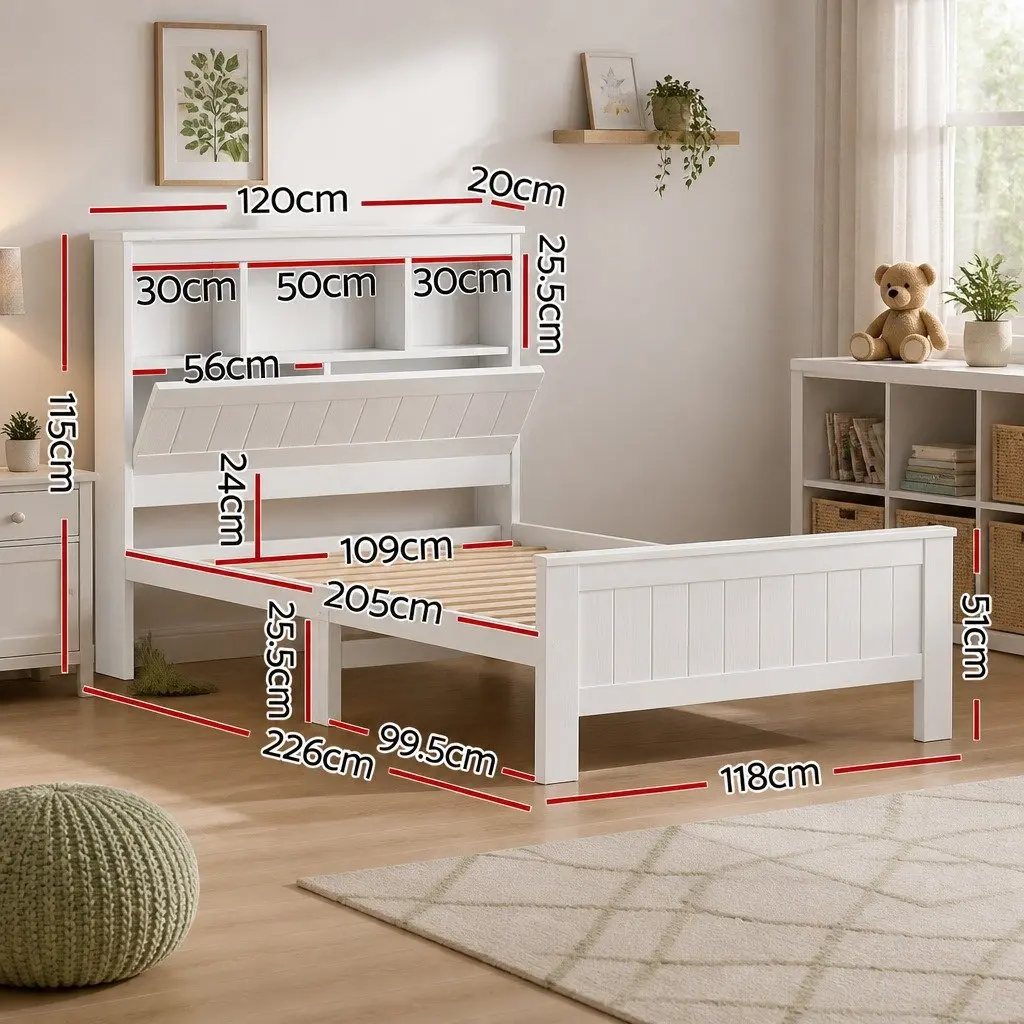 White Wooden King Single Bed Frame with Storage Headboard