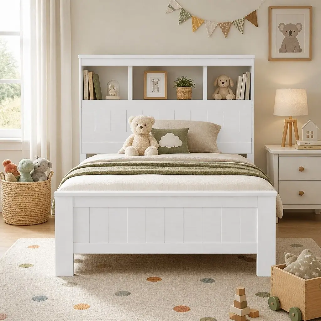 White Wooden King Single Bed Frame with Storage Headboard
