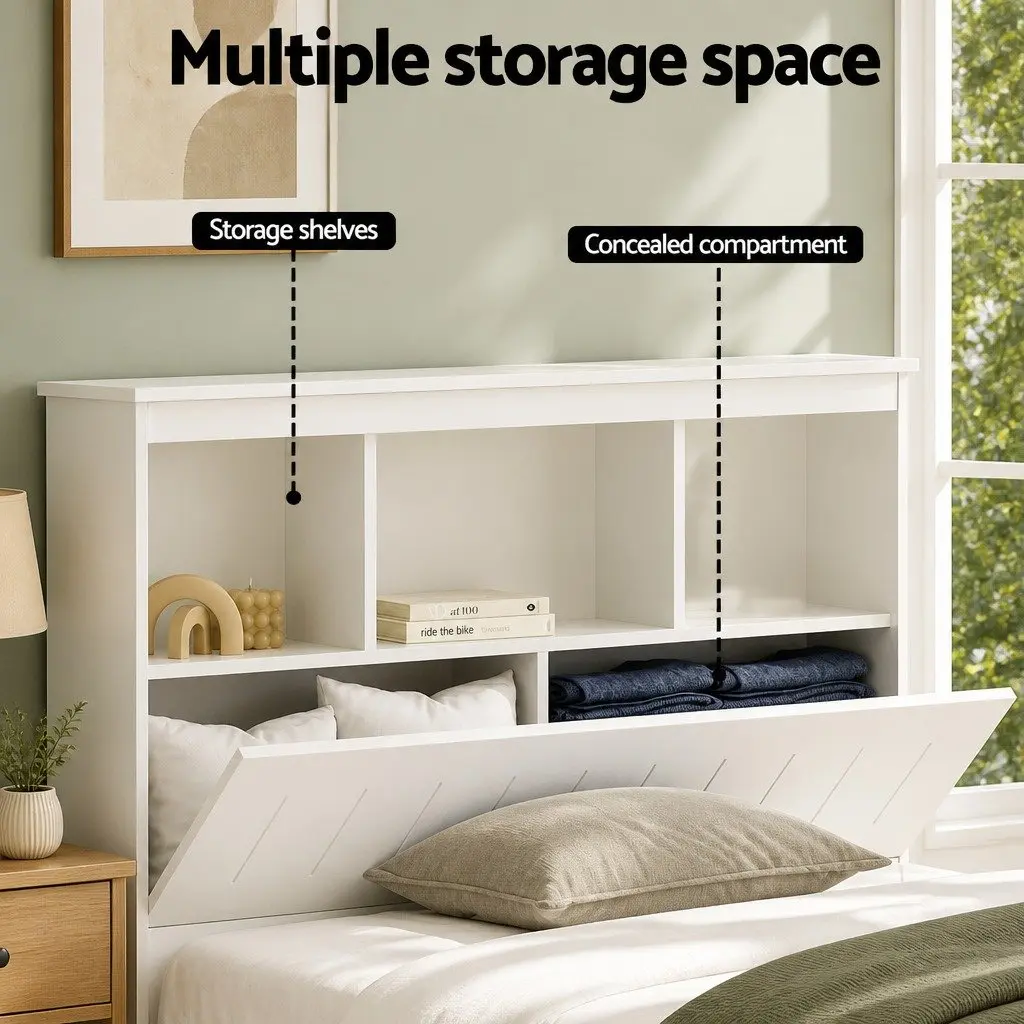 White Wooden King Single Bed Frame with Storage Headboard