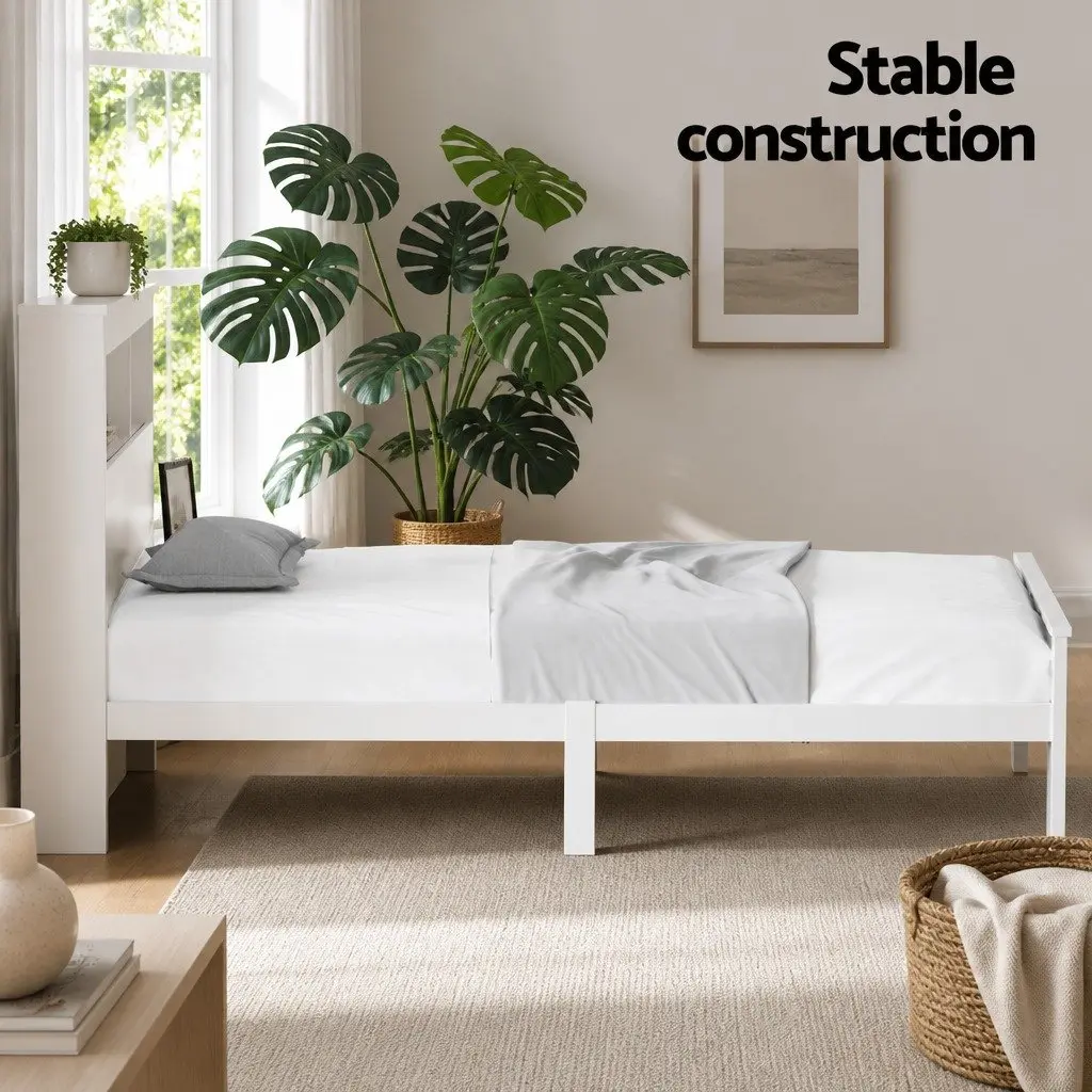 White Wooden King Single Bed Frame with Storage Headboard