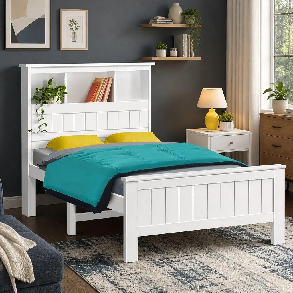 White Wooden King Single Bed Frame with Storage Headboard