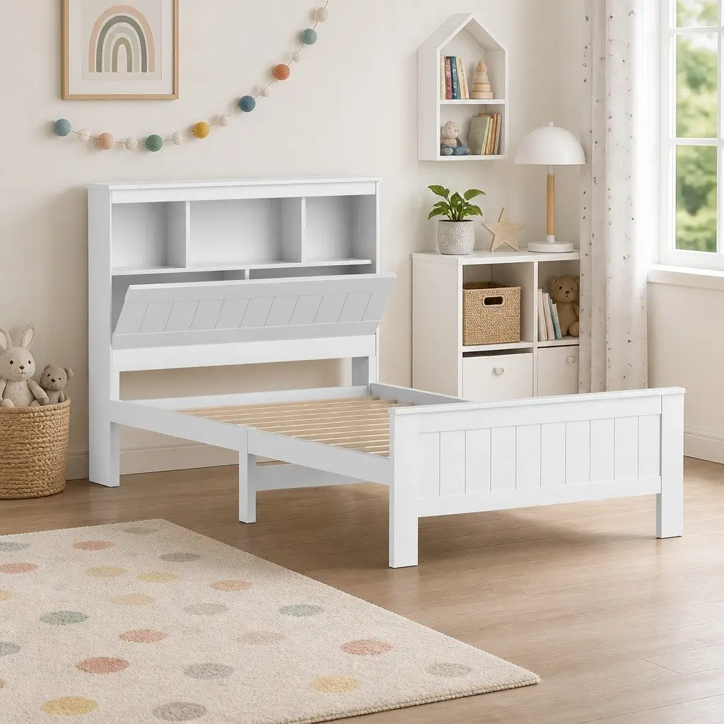 White Wooden King Single Bed Frame with Storage Headboard