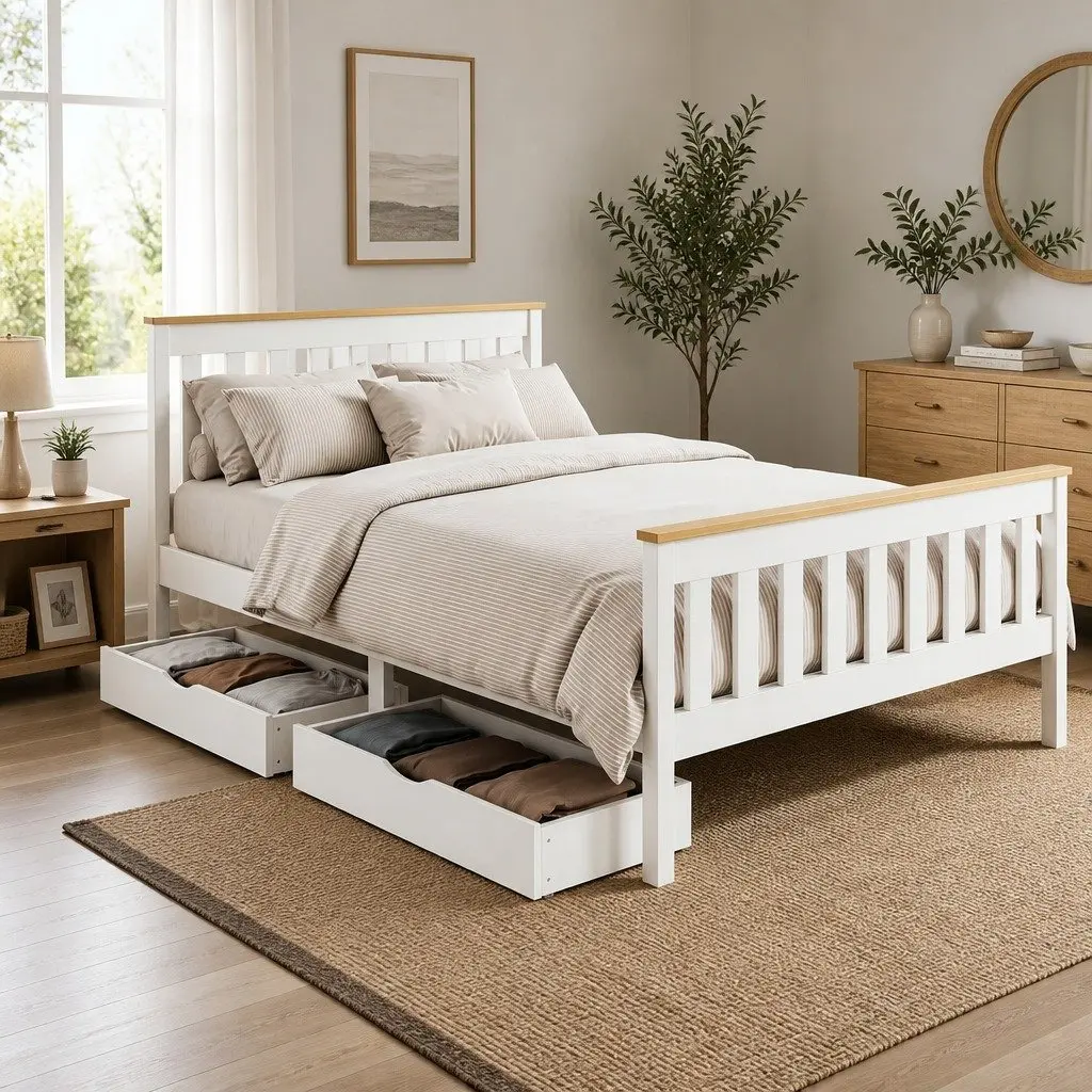 Double Bed Frame White Wooden Platform with Storage Drawers