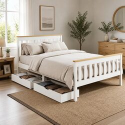 Classic White Wooden Double Bed Frame with Storage Drawers