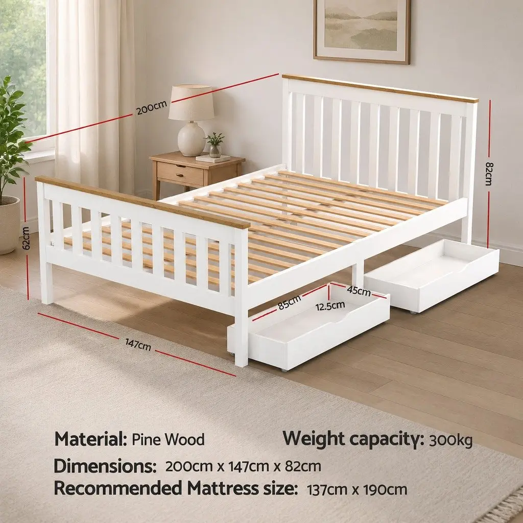 Double Bed Frame White Wooden Platform with Storage Drawers