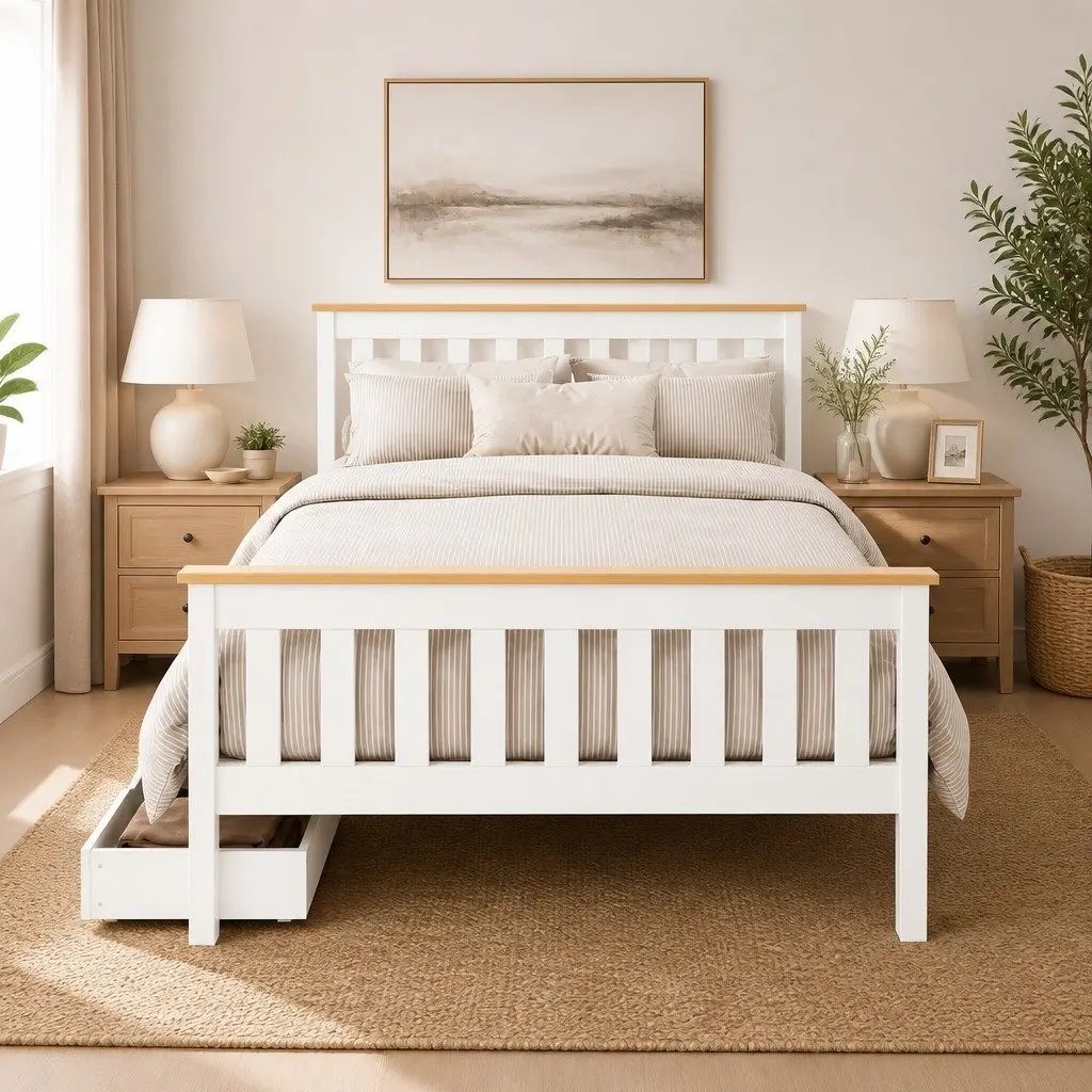 Double Bed Frame White Wooden Platform with Storage Drawers