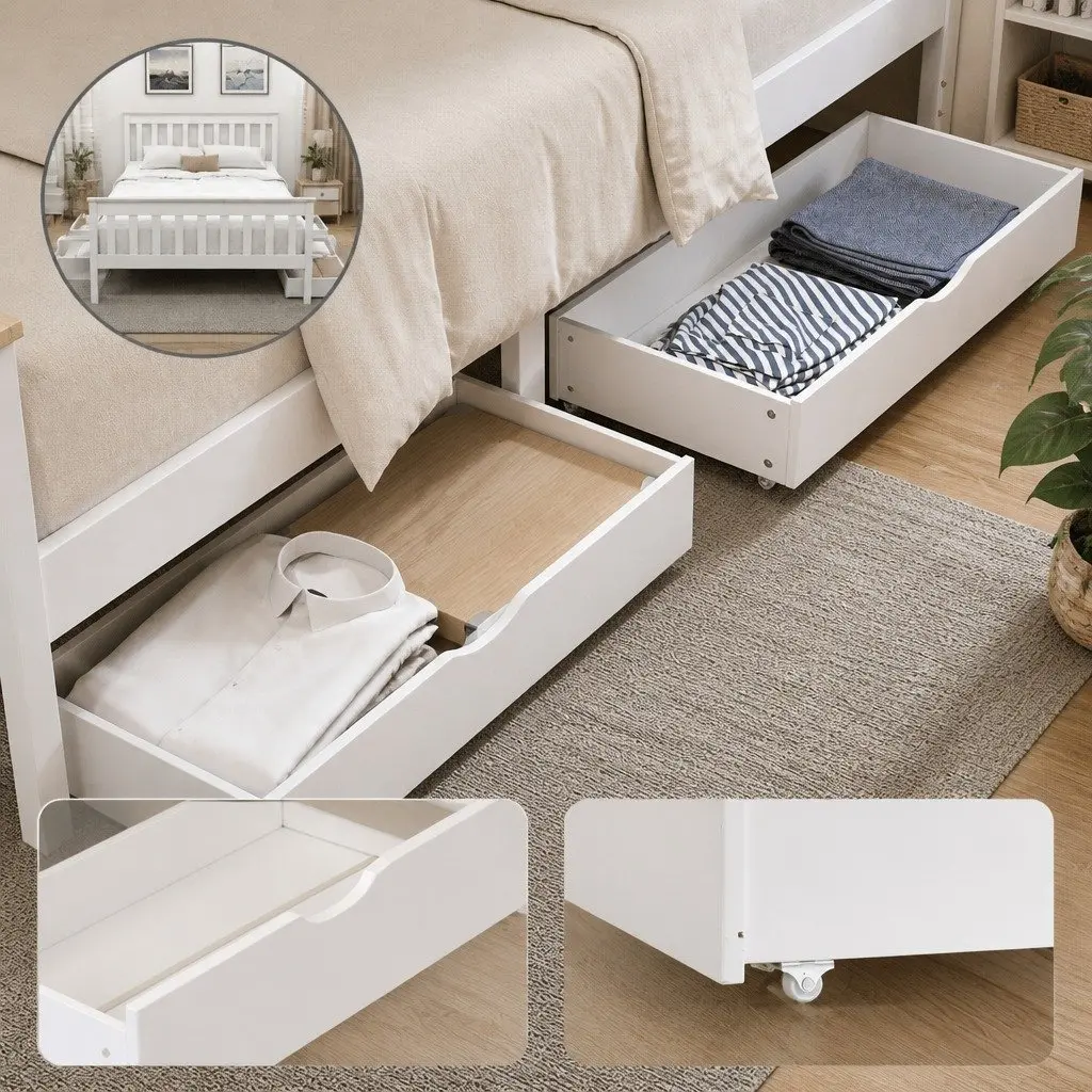 Double Bed Frame White Wooden Platform with Storage Drawers
