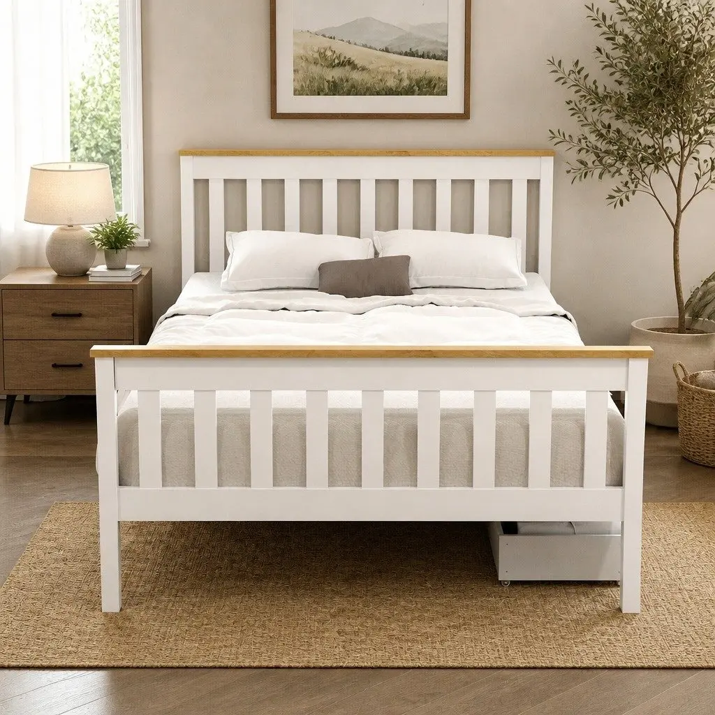Double Bed Frame White Wooden Platform with Storage Drawers