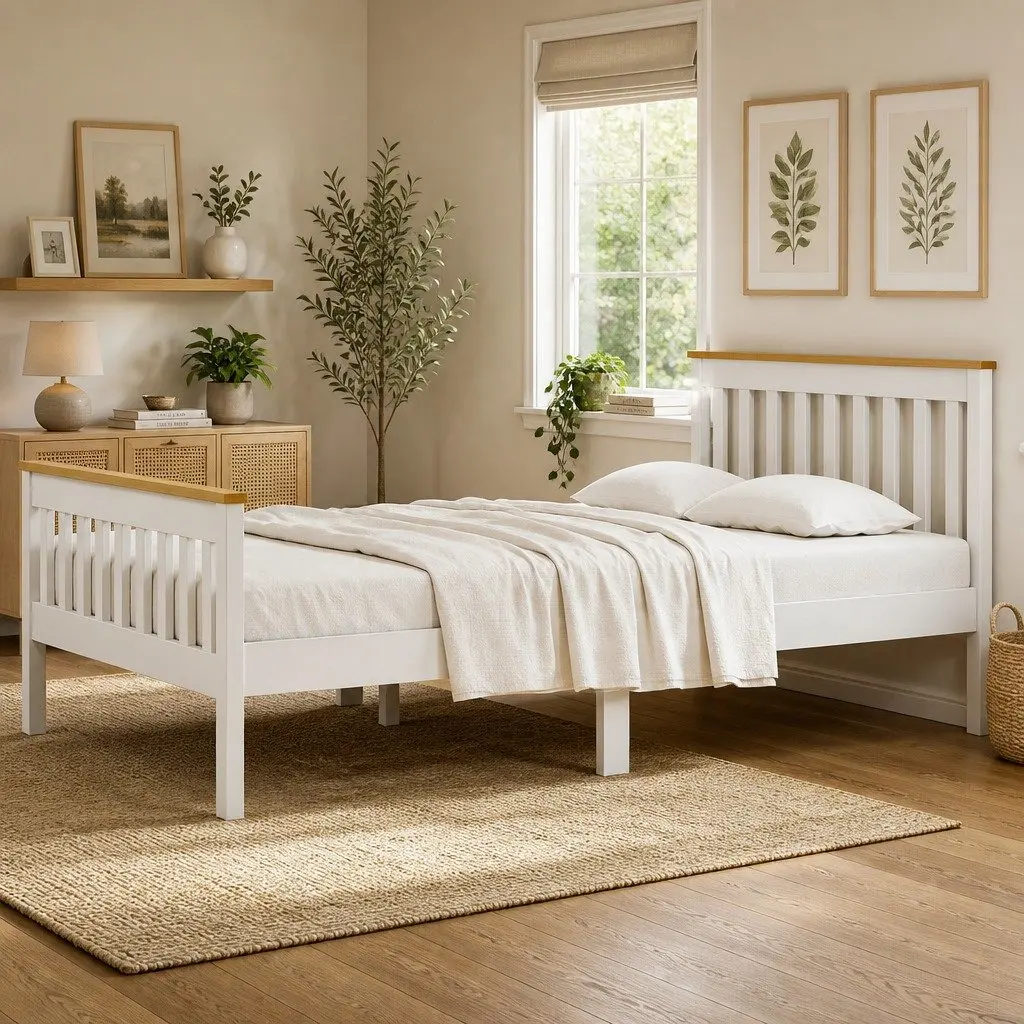 Double Bed Frame White Wooden Platform with Storage Drawers
