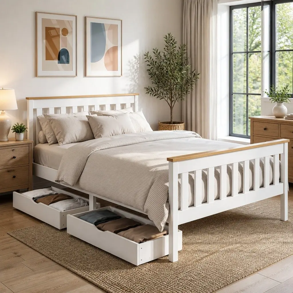 Double Bed Frame White Wooden Platform with Storage Drawers