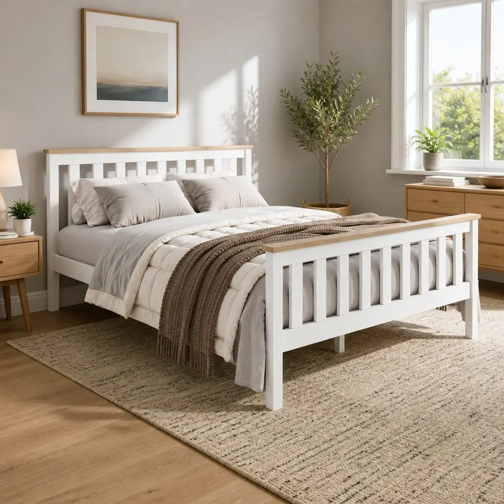 Double Bed Frame White Two-Tone Solid Pine Wood 200cm x 147cm x 82cm