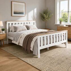 Wooden Double Bed Frame with Slat Base in White