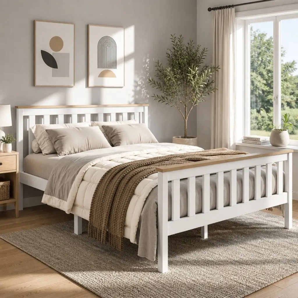 Double Bed Frame White Two-Tone Solid Pine Wood 200cm x 147cm x 82cm